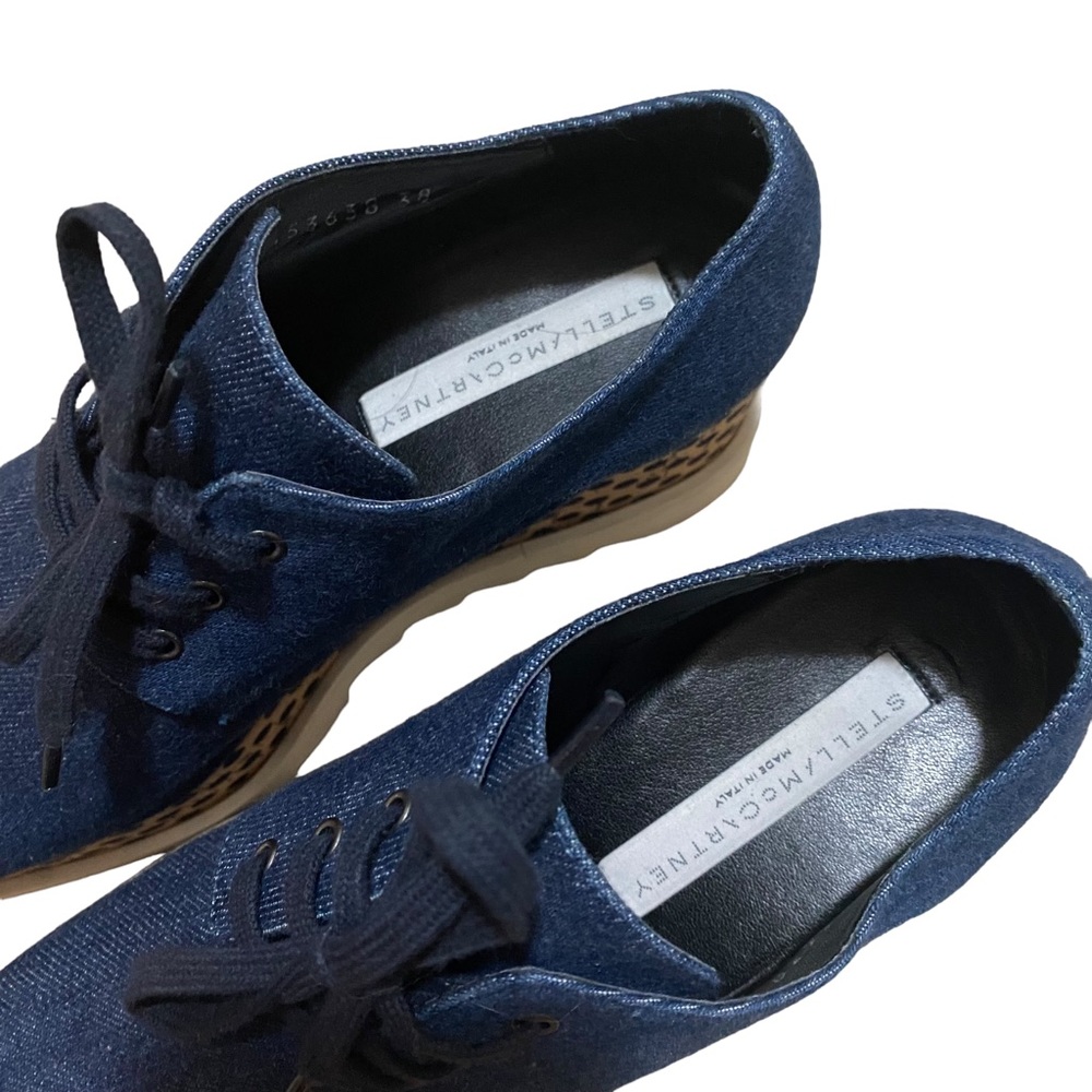 Stella McCartney Elyse Platform Denim Blue Beige Polka Dot Shoes Women's 38 or 8 - Picture 2 of 6